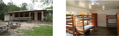 Tan Cabins at Camp Flaming Arrow